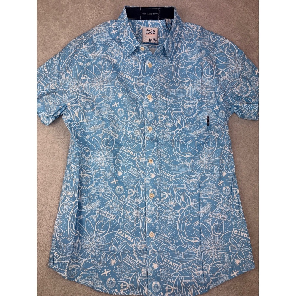 BAJA LLAMA Men's Small Short Sleeve Button Up Shirt Zip Pocket Blue Print NWT - Picture 2 of 5